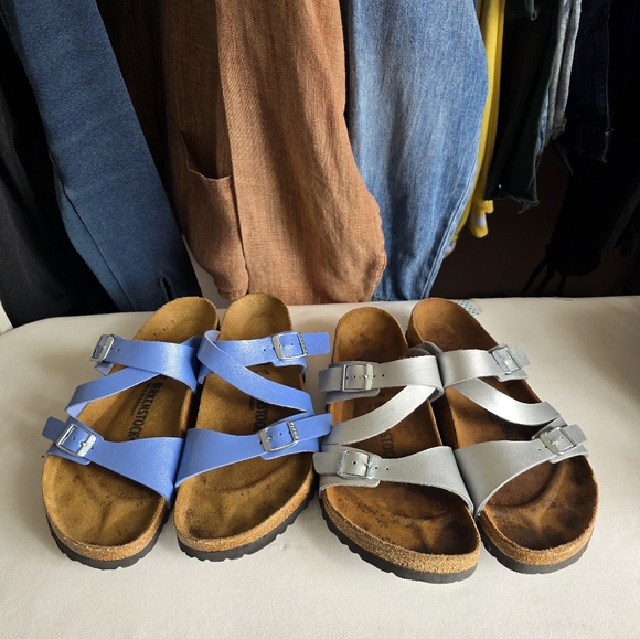 Birkenstock Shoes - Birkenstock Blue and Silver Strappy Sandals